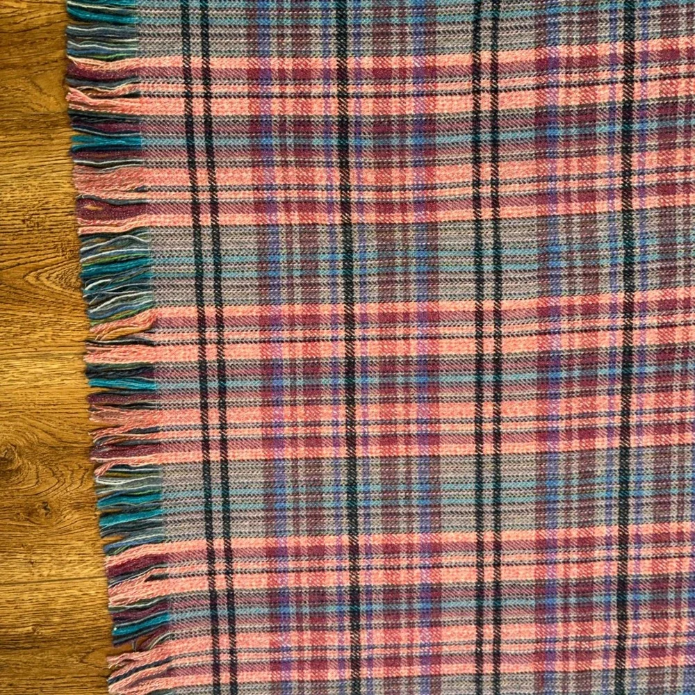 Vintage Kirkburn Mills Scotland Wool Tartan Throw Blanket Pink Blue Fringe 72x59